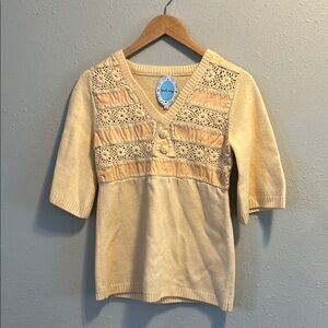 April, May Peach Knit Short Sleeve‎ Sweater Top Lace Inset